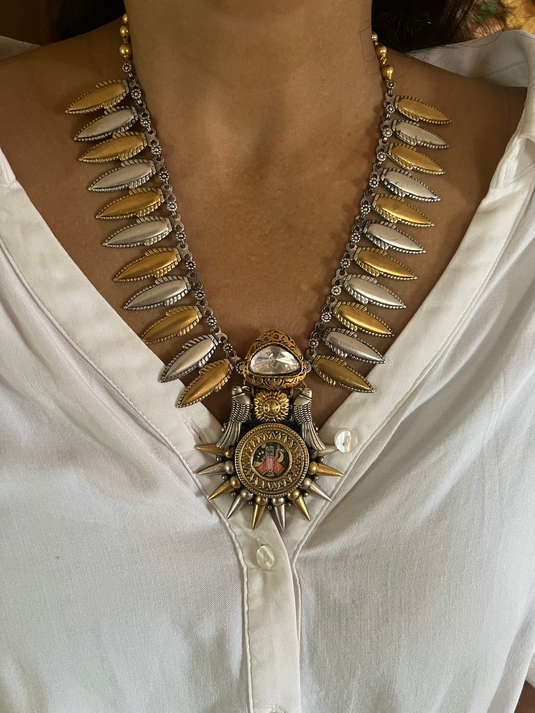 Hand painted Lord Srinathji 925 Silver Necklace with Twin Bird Design