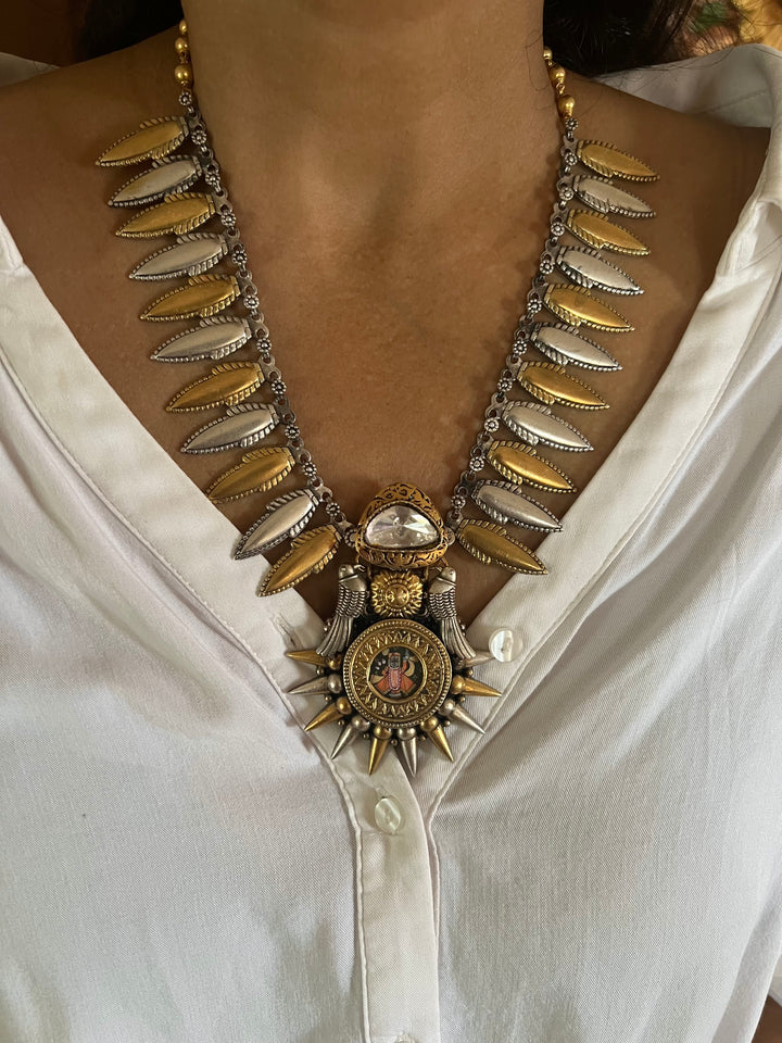 Hand painted Lord Srinathji 925 Silver Necklace with Twin Bird Design