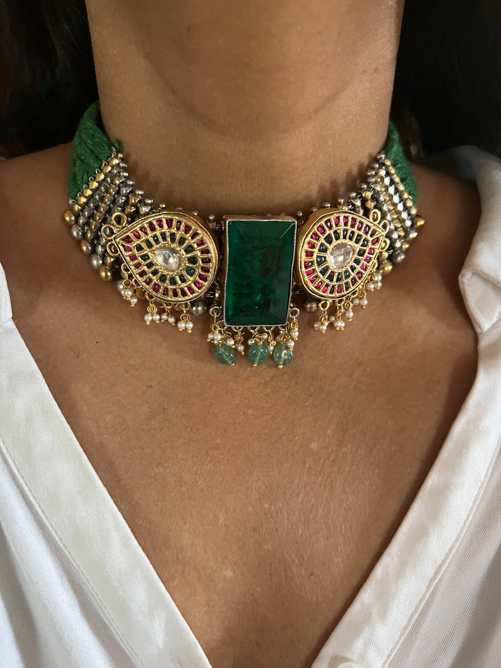 Doublet Stone Jadau Kundan 925 Silver Choker Necklace
