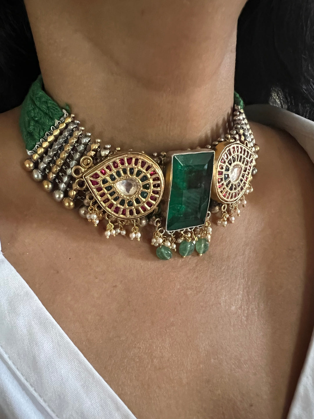 Doublet Stone Jadau Kundan 925 Silver Choker Necklace