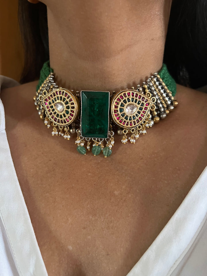 Doublet Stone Jadau Kundan 925 Silver Choker Necklace