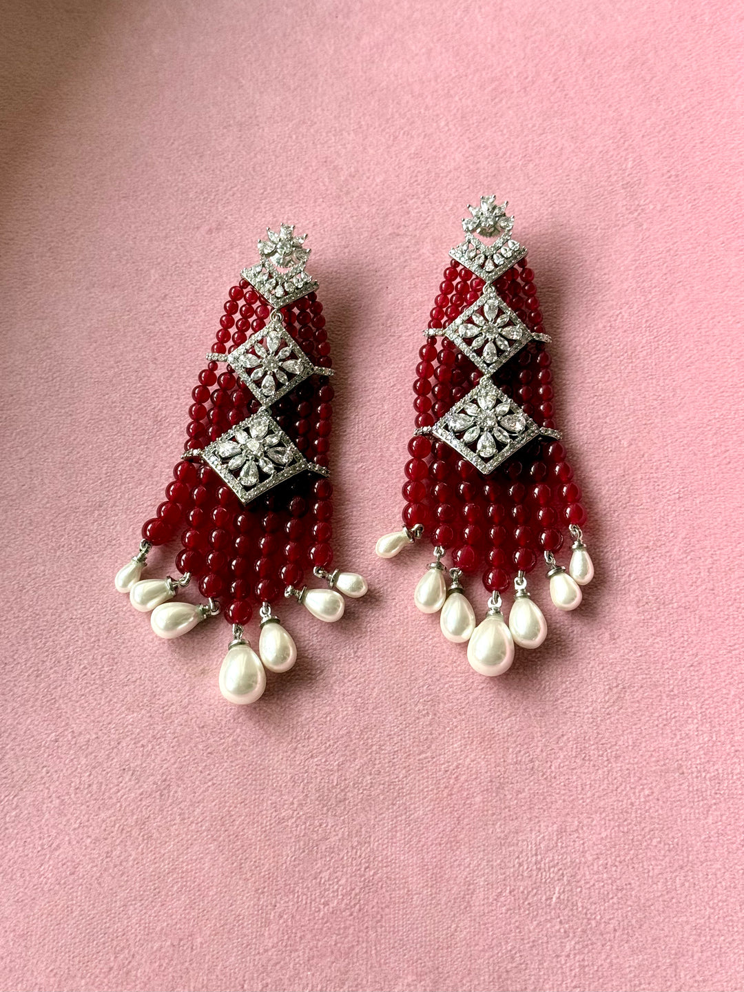 Red and Pearl Tassel Statement Earrings