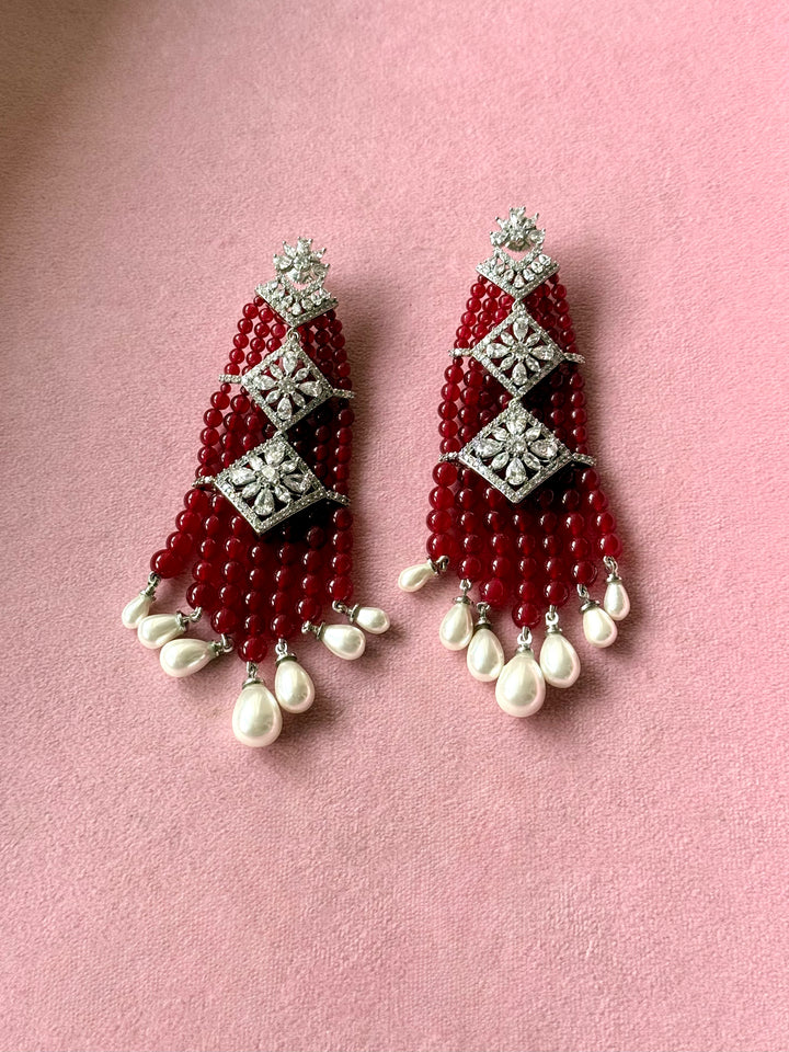 Red and Pearl Tassel Statement Earrings