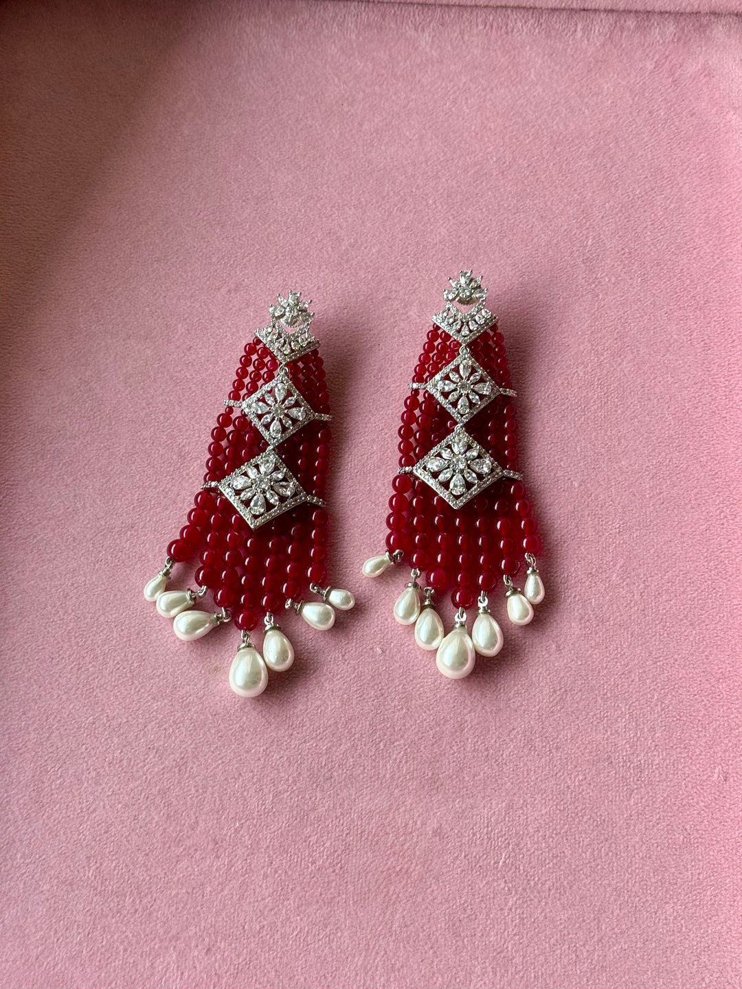 Red and Pearl Tassel Statement Earrings