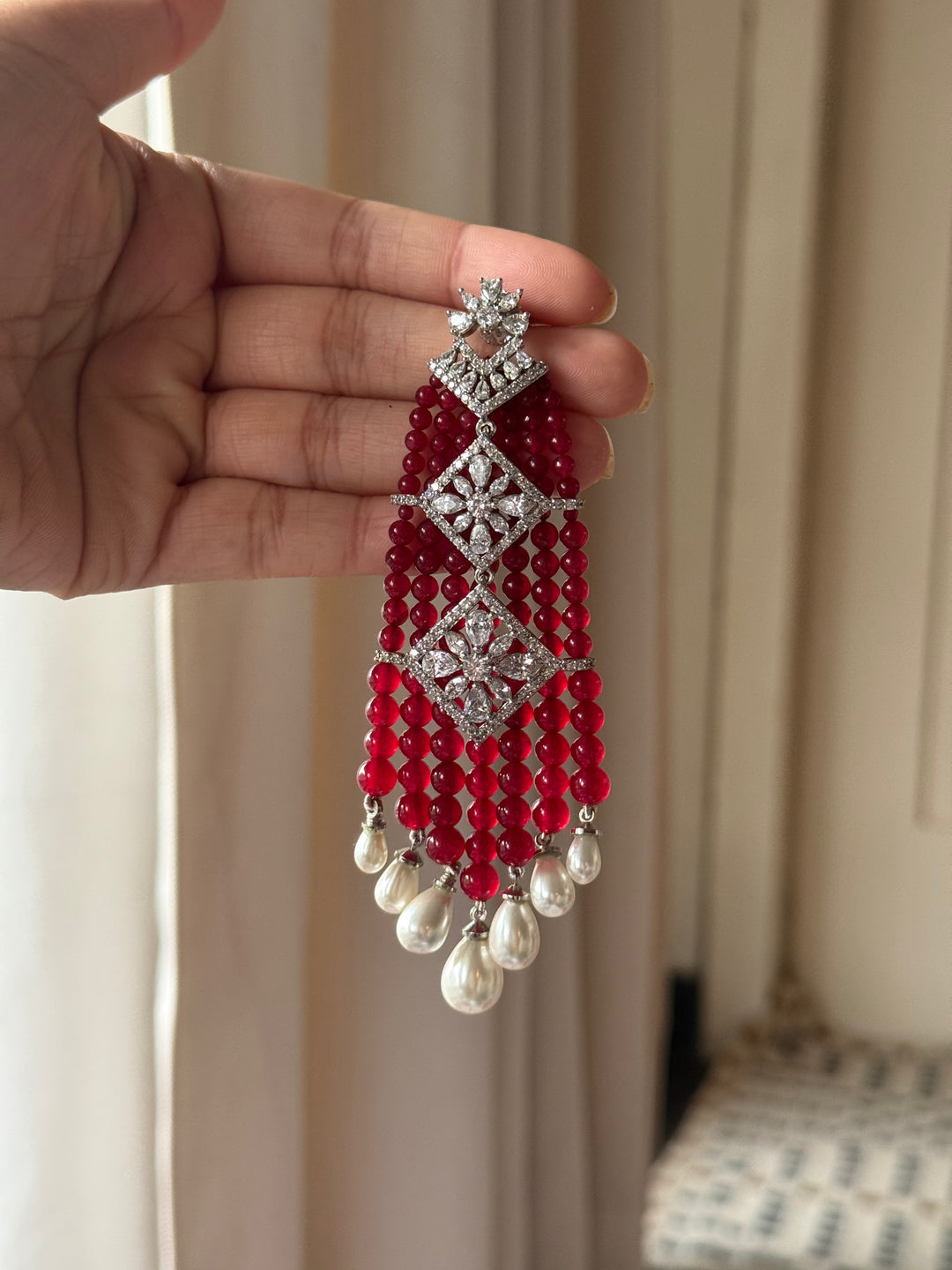 Red and Pearl Tassel Statement Earrings