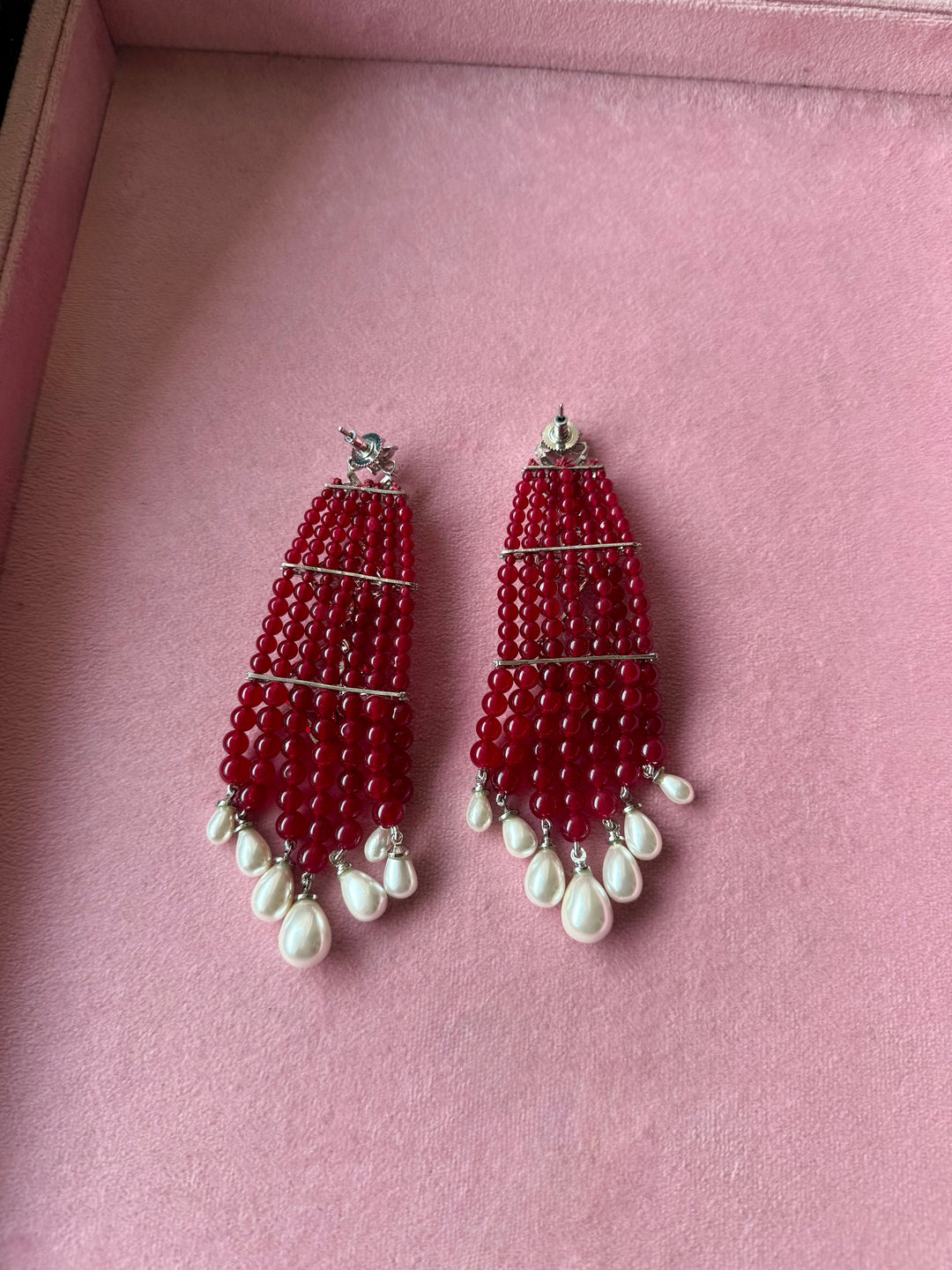 Red and Pearl Tassel Statement Earrings