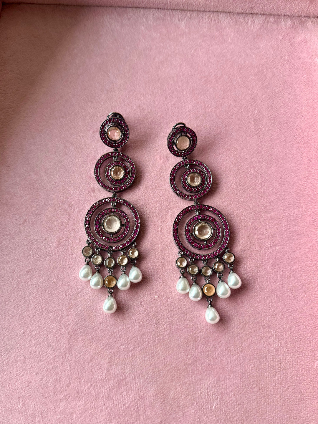 Peach Doublet and Pearl Three Tier Earrings