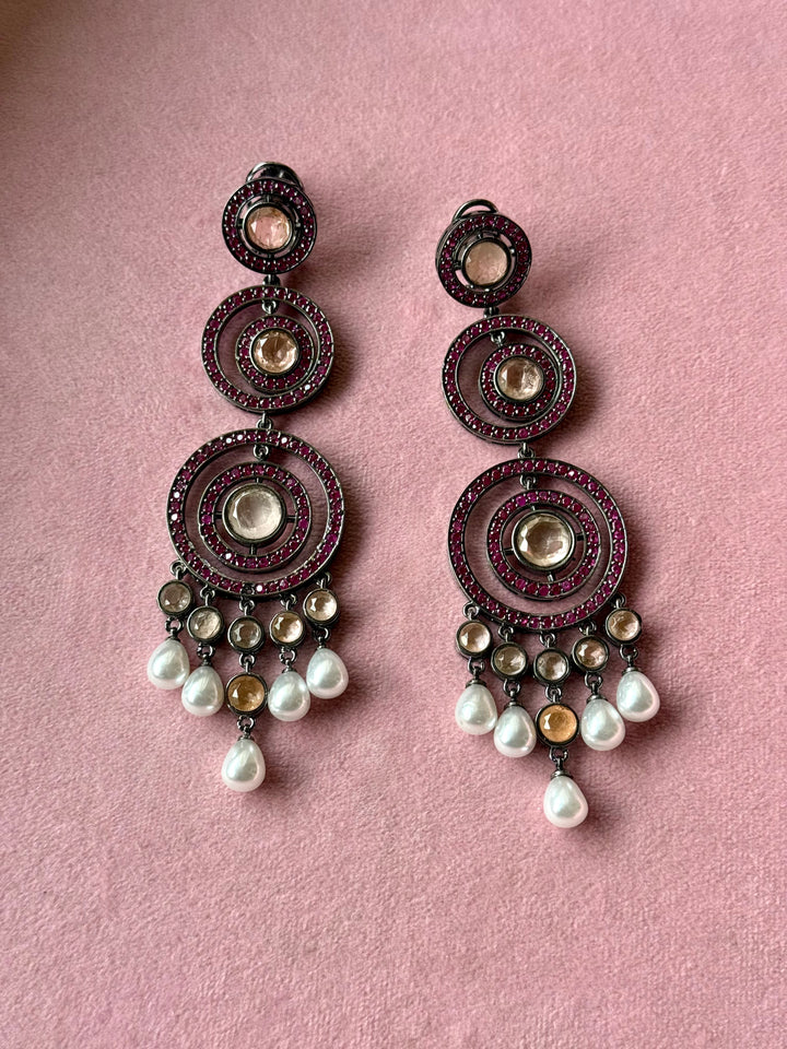 Peach Doublet and Pearl Three Tier Earrings