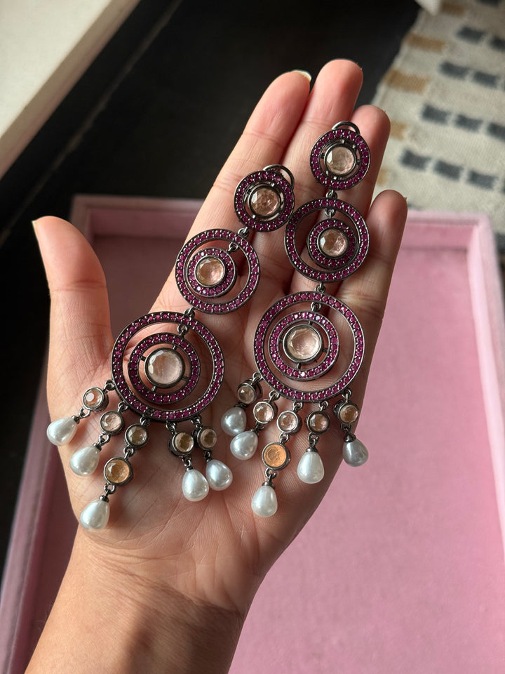 Peach Doublet and Pearl Three Tier Earrings