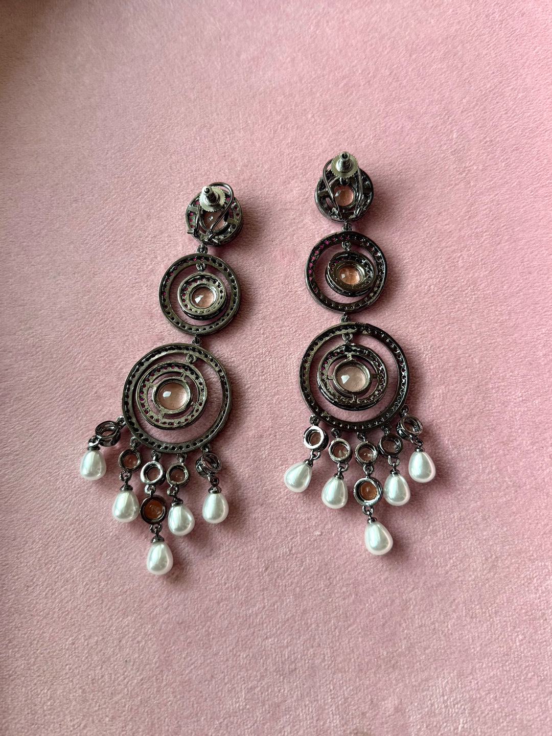 Peach Doublet and Pearl Three Tier Earrings