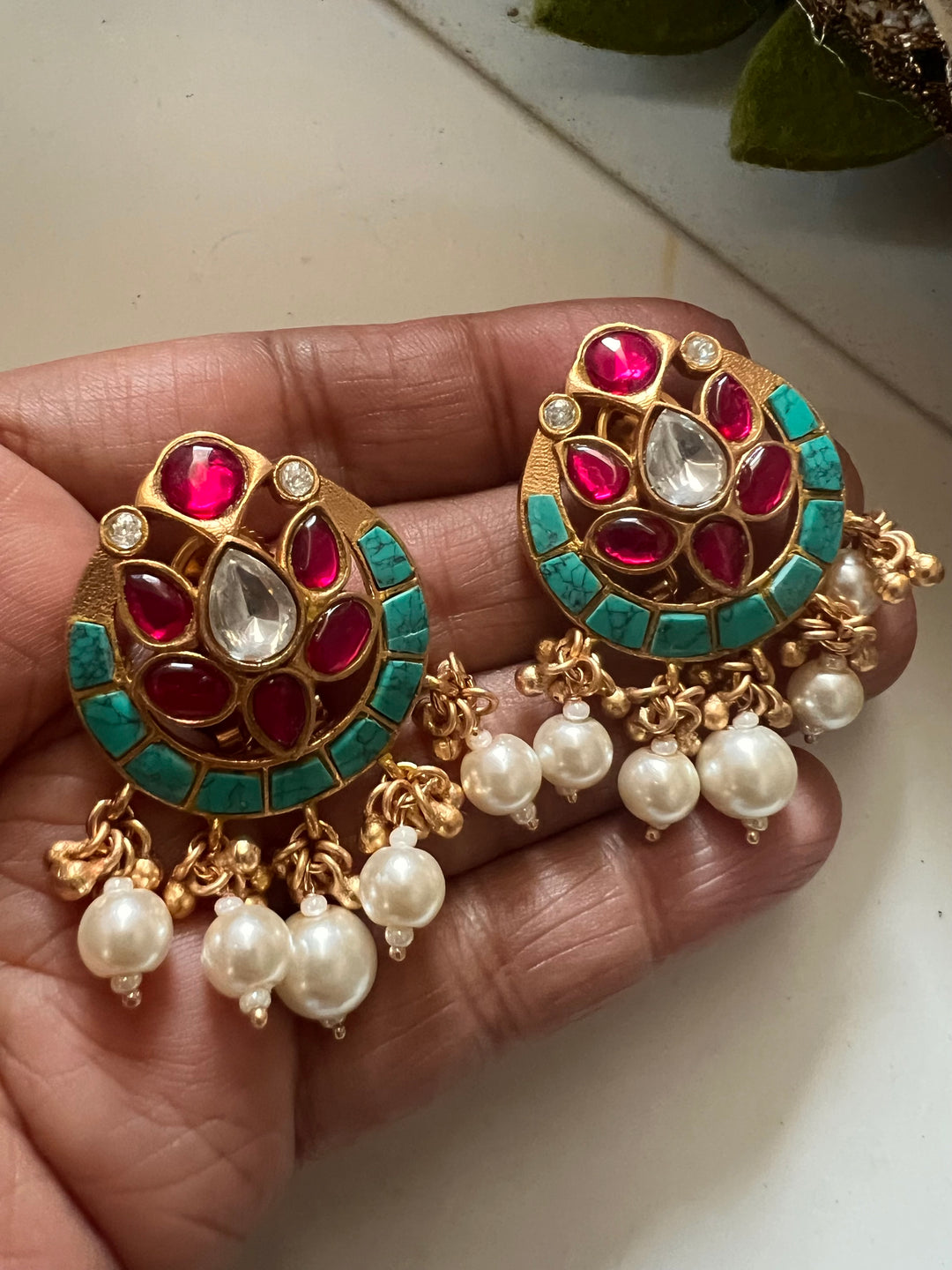SHIVKA Jadau Pearl Kundan Earrings | Bridal Statement Jewelry