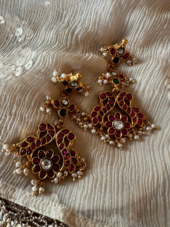 Kempu 925 Silver Earrings with Peacock Design