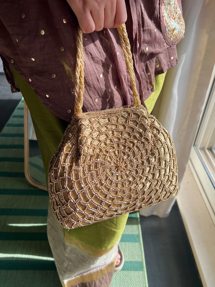 Handmade Champagne Gold Web Frame Beaded Hand Purse | Vintage Statement Evening Clutch | Artisan Embroidered Bag