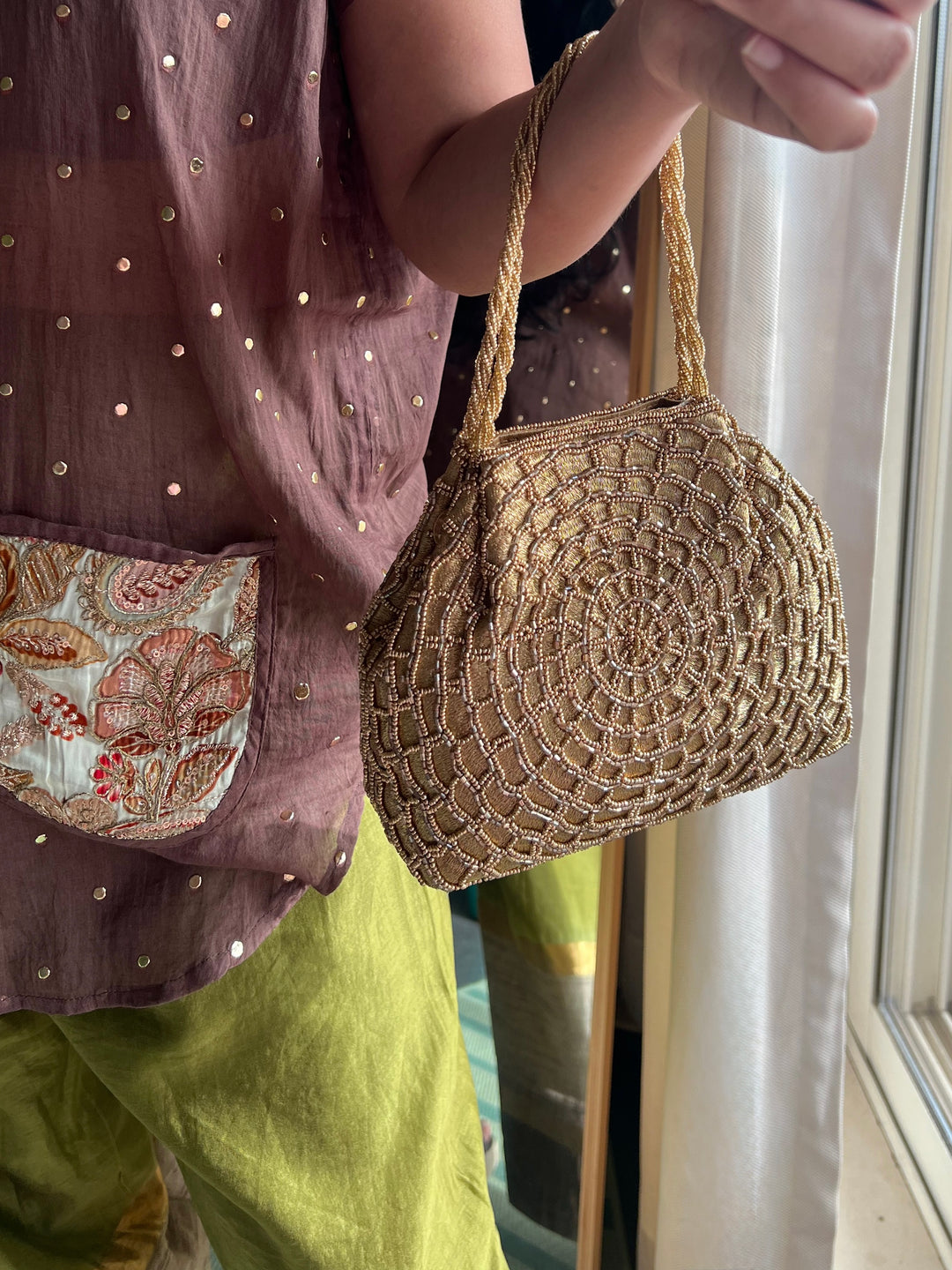 Handmade Champagne Gold Web Frame Beaded Hand Purse | Vintage Statement Evening Clutch | Artisan Embroidered Bag