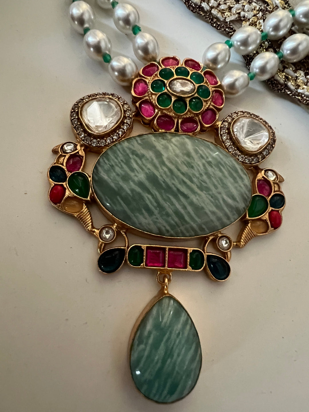 SHIVKA Amazonite Kempu Pendant Set | Bridal Pearl Necklace