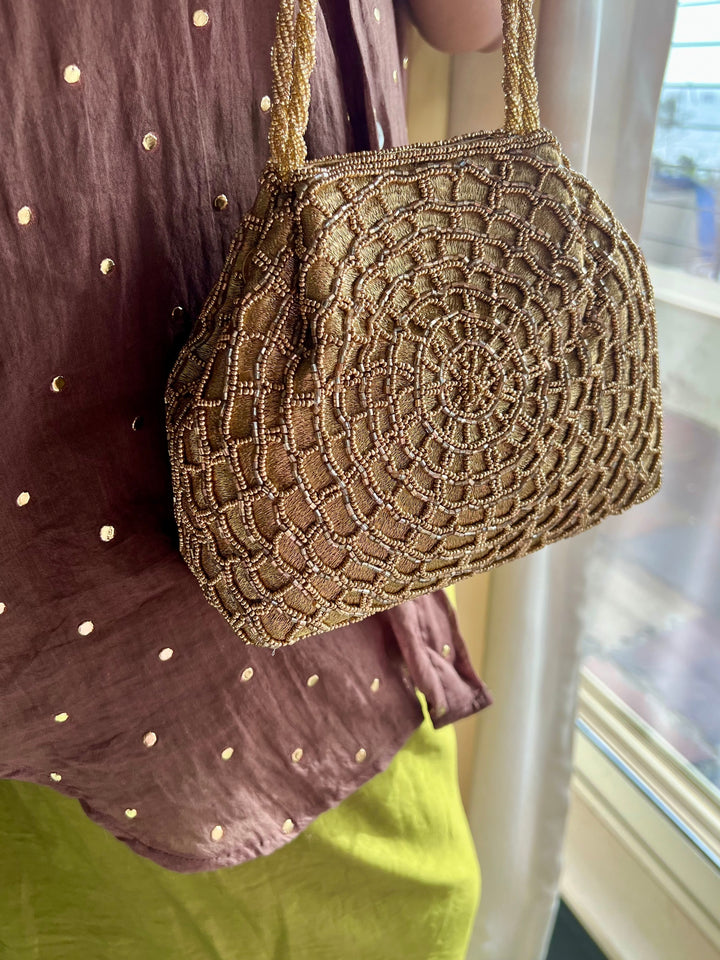 Handmade Champagne Gold Web Frame Beaded Hand Purse | Vintage Statement Evening Clutch | Artisan Embroidered Bag