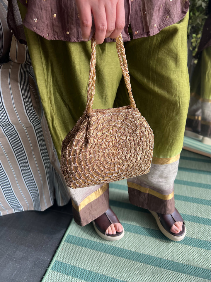 Handmade Champagne Gold Web Frame Beaded Hand Purse | Vintage Statement Evening Clutch | Artisan Embroidered Bag