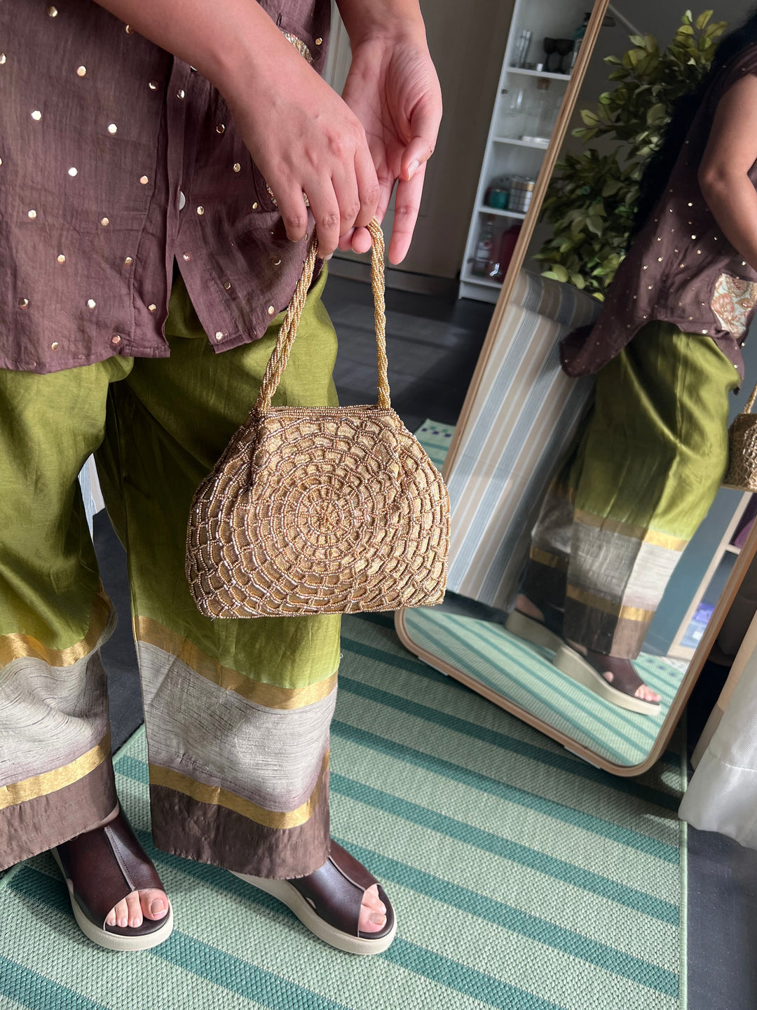 Handmade Champagne Gold Web Frame Beaded Hand Purse | Vintage Statement Evening Clutch | Artisan Embroidered Bag