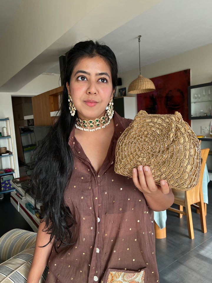 Handmade Champagne Gold Web Frame Beaded Hand Purse | Vintage Statement Evening Clutch | Artisan Embroidered Bag