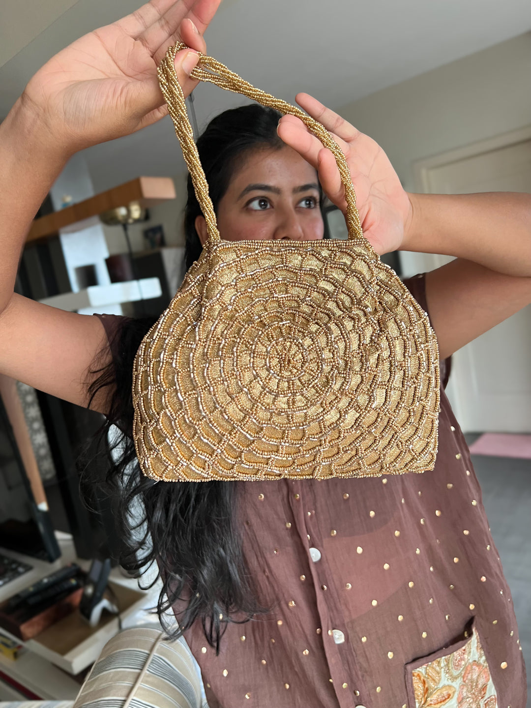 Handmade Champagne Gold Web Frame Beaded Hand Purse | Vintage Statement Evening Clutch | Artisan Embroidered Bag