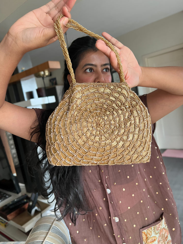 Handmade Champagne Gold Web Frame Beaded Hand Purse | Vintage Statement Evening Clutch | Artisan Embroidered Bag
