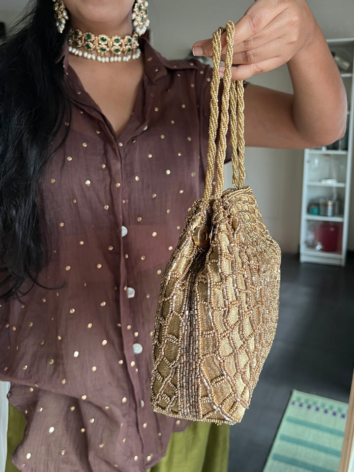 Handmade Champagne Gold Web Frame Beaded Hand Purse | Vintage Statement Evening Clutch | Artisan Embroidered Bag