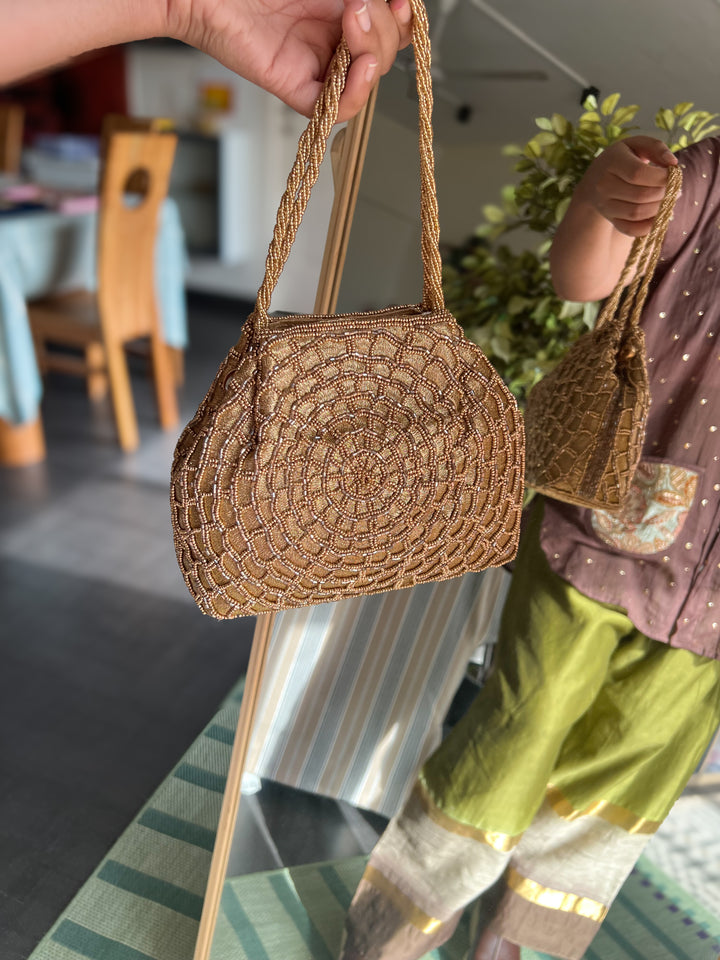Handmade Champagne Gold Web Frame Beaded Hand Purse | Vintage Statement Evening Clutch | Artisan Embroidered Bag