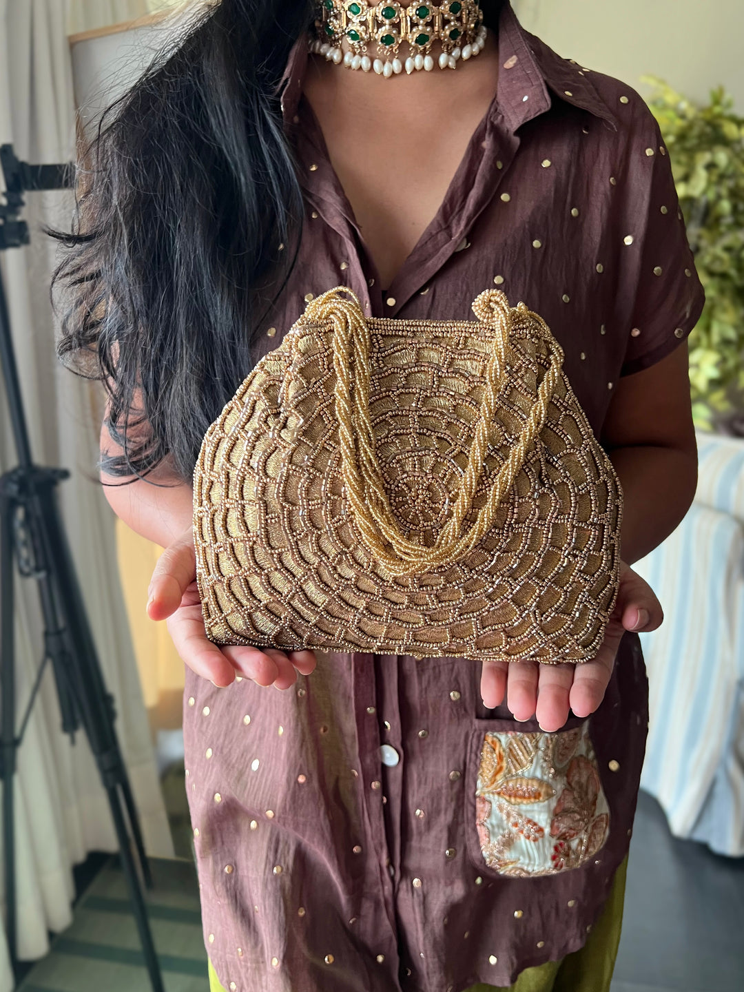 Handmade Champagne Gold Web Frame Beaded Hand Purse | Vintage Statement Evening Clutch | Artisan Embroidered Bag
