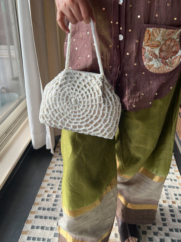 Handmade Ivory Web Frame Beaded Hand Purse | Vintage Statement Evening Clutch | Artisan Embroidered Bag