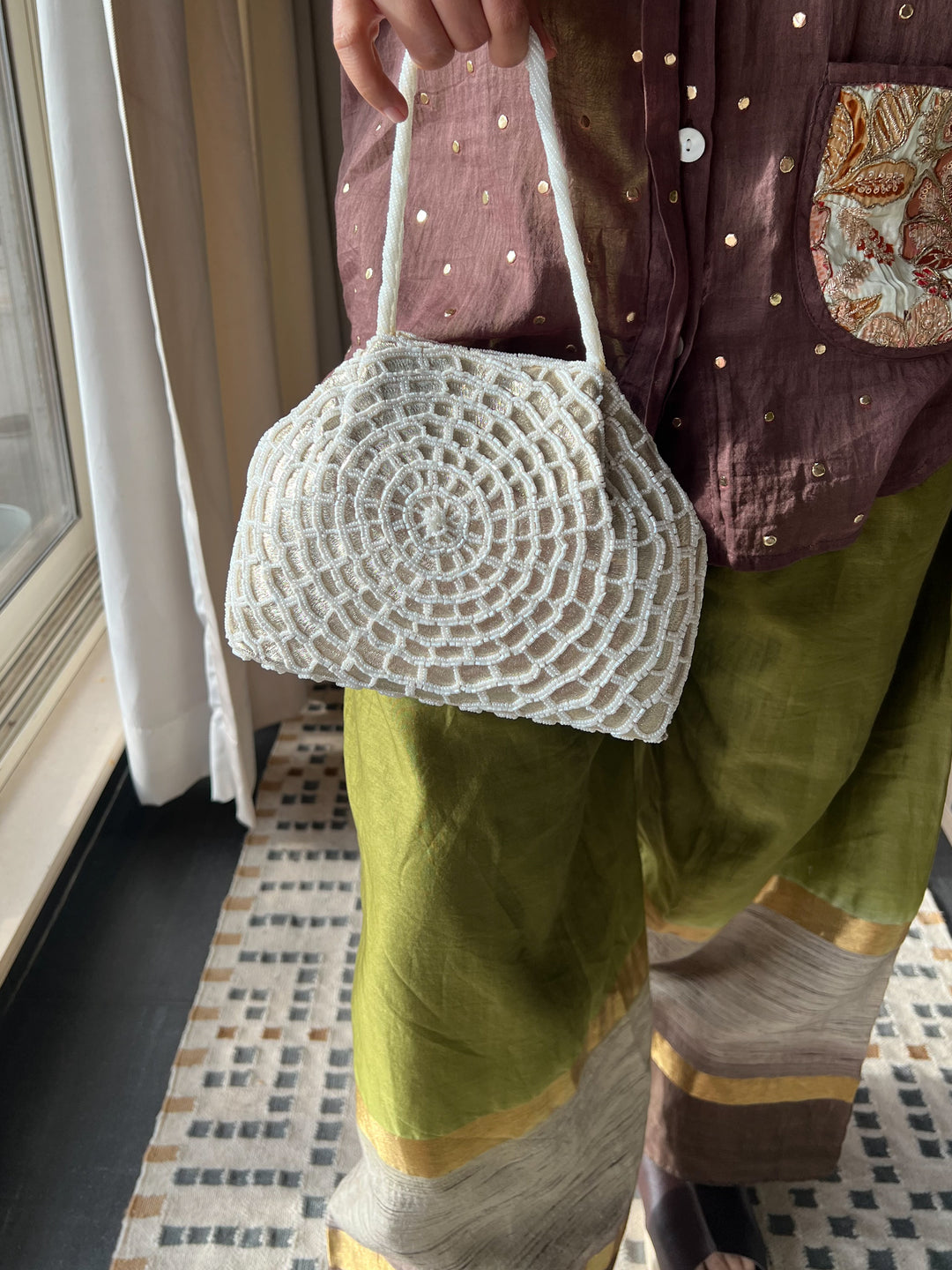 Handmade Ivory Web Frame Beaded Hand Purse | Vintage Statement Evening Clutch | Artisan Embroidered Bag