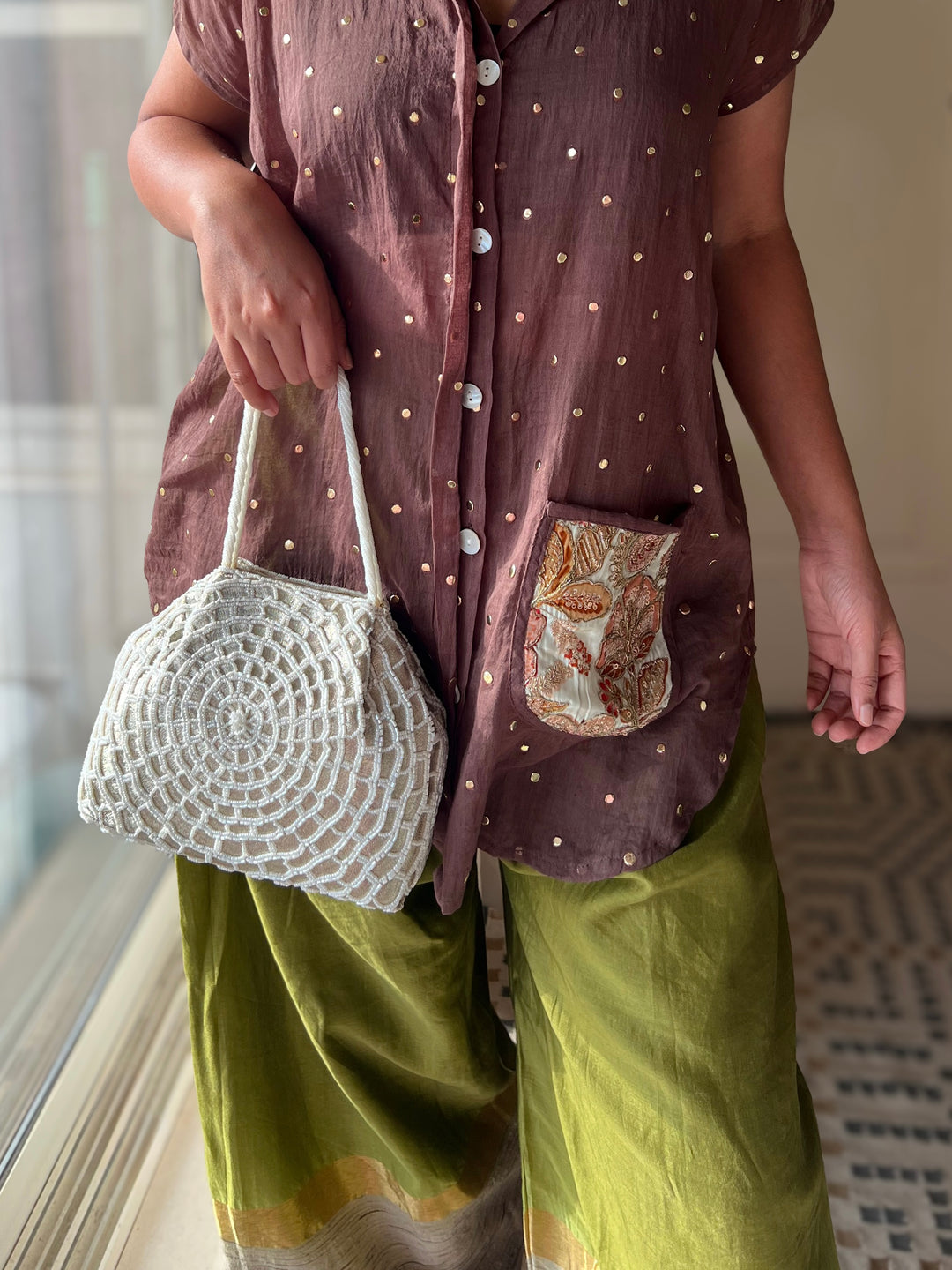 Handmade Ivory Web Frame Beaded Hand Purse | Vintage Statement Evening Clutch | Artisan Embroidered Bag