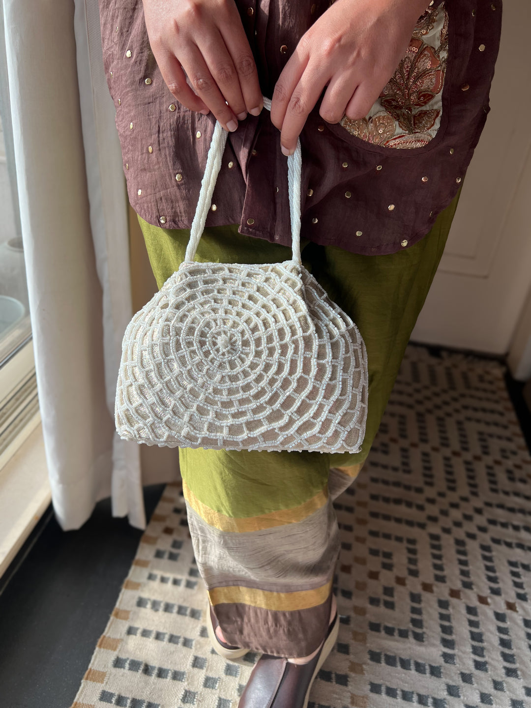 Handmade Ivory Web Frame Beaded Hand Purse | Vintage Statement Evening Clutch | Artisan Embroidered Bag
