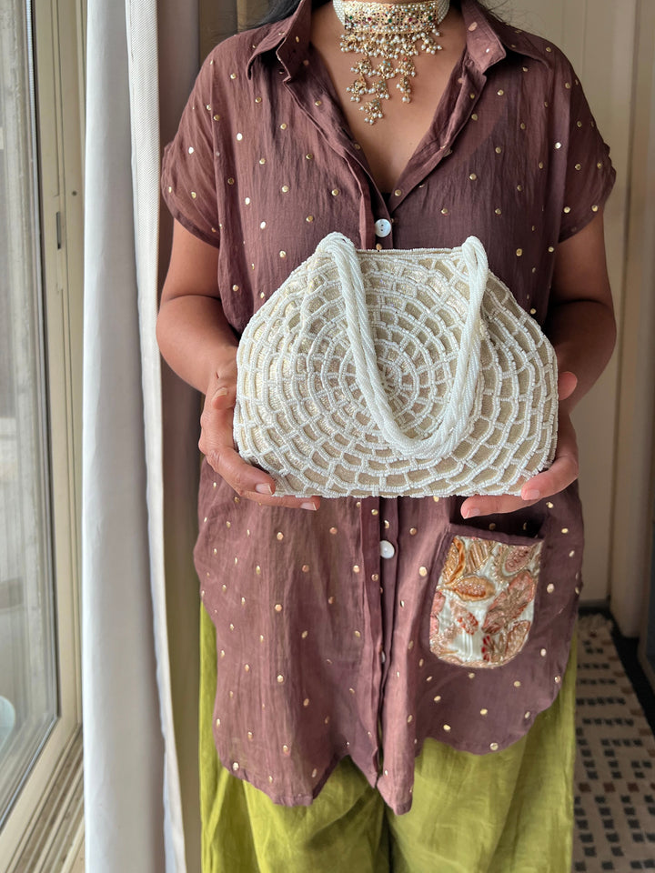 Handmade Ivory Web Frame Beaded Hand Purse | Vintage Statement Evening Clutch | Artisan Embroidered Bag
