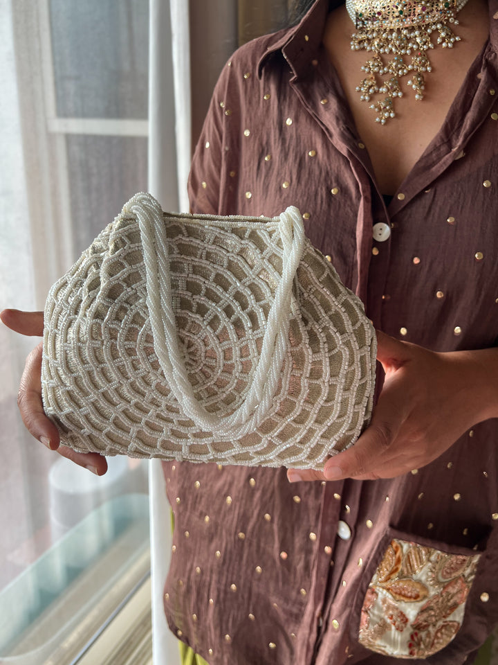 Handmade Ivory Web Frame Beaded Hand Purse | Vintage Statement Evening Clutch | Artisan Embroidered Bag