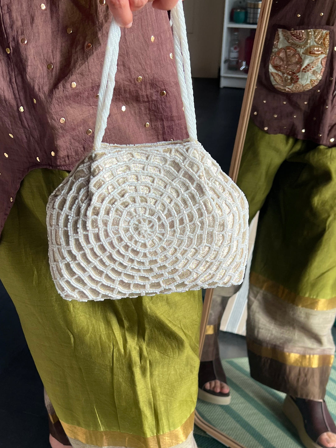 Handmade Ivory Web Frame Beaded Hand Purse | Vintage Statement Evening Clutch | Artisan Embroidered Bag