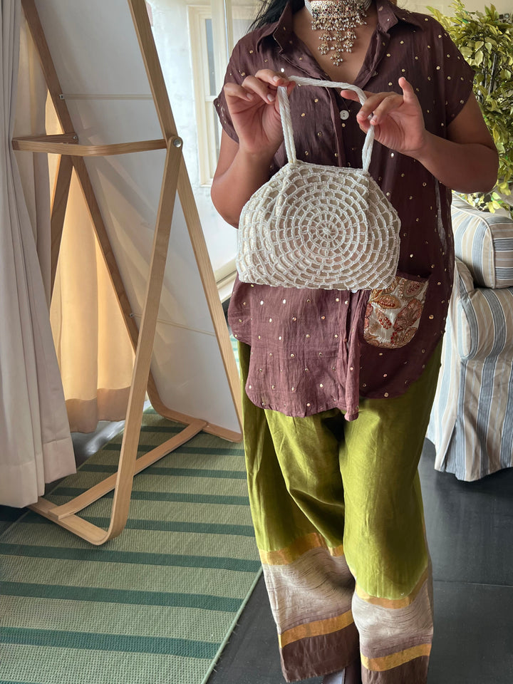 Handmade Ivory Web Frame Beaded Hand Purse | Vintage Statement Evening Clutch | Artisan Embroidered Bag