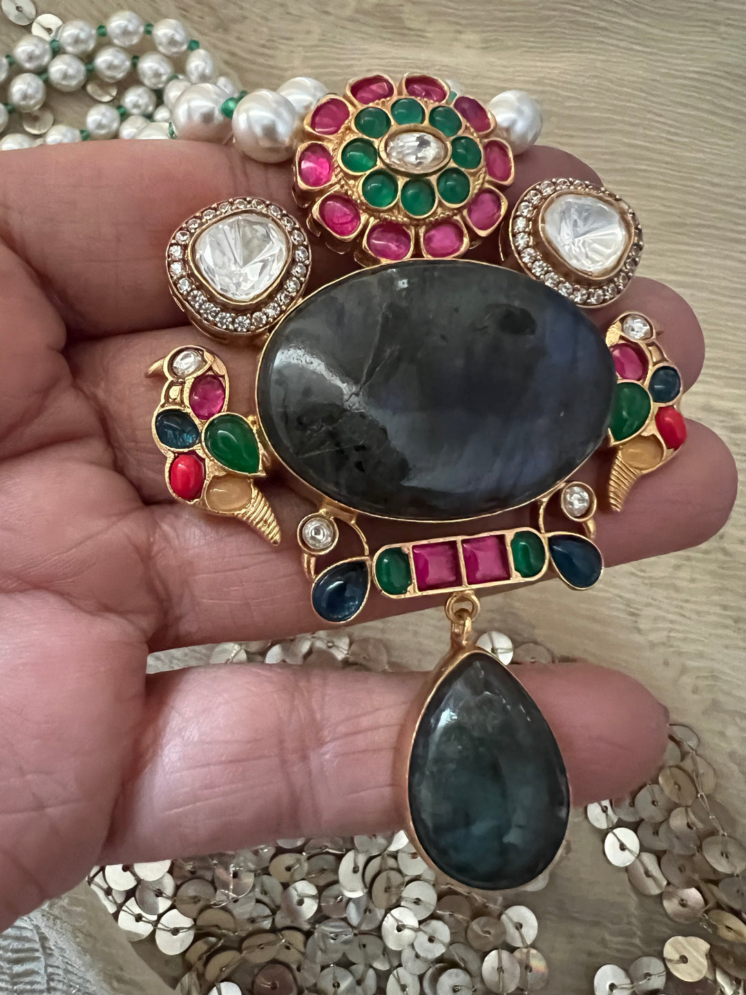 SHIVKA Labradorite Kempu Pendant Set | Bridal Pearl Necklace