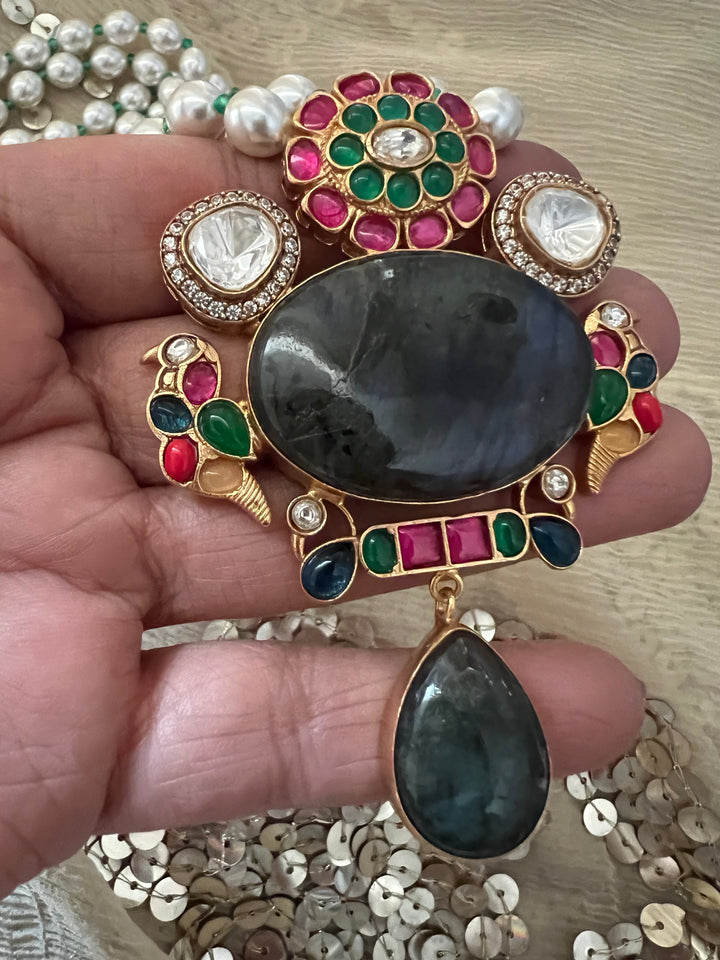 SHIVKA Labradorite Kempu Pendant Set | Bridal Pearl Necklace