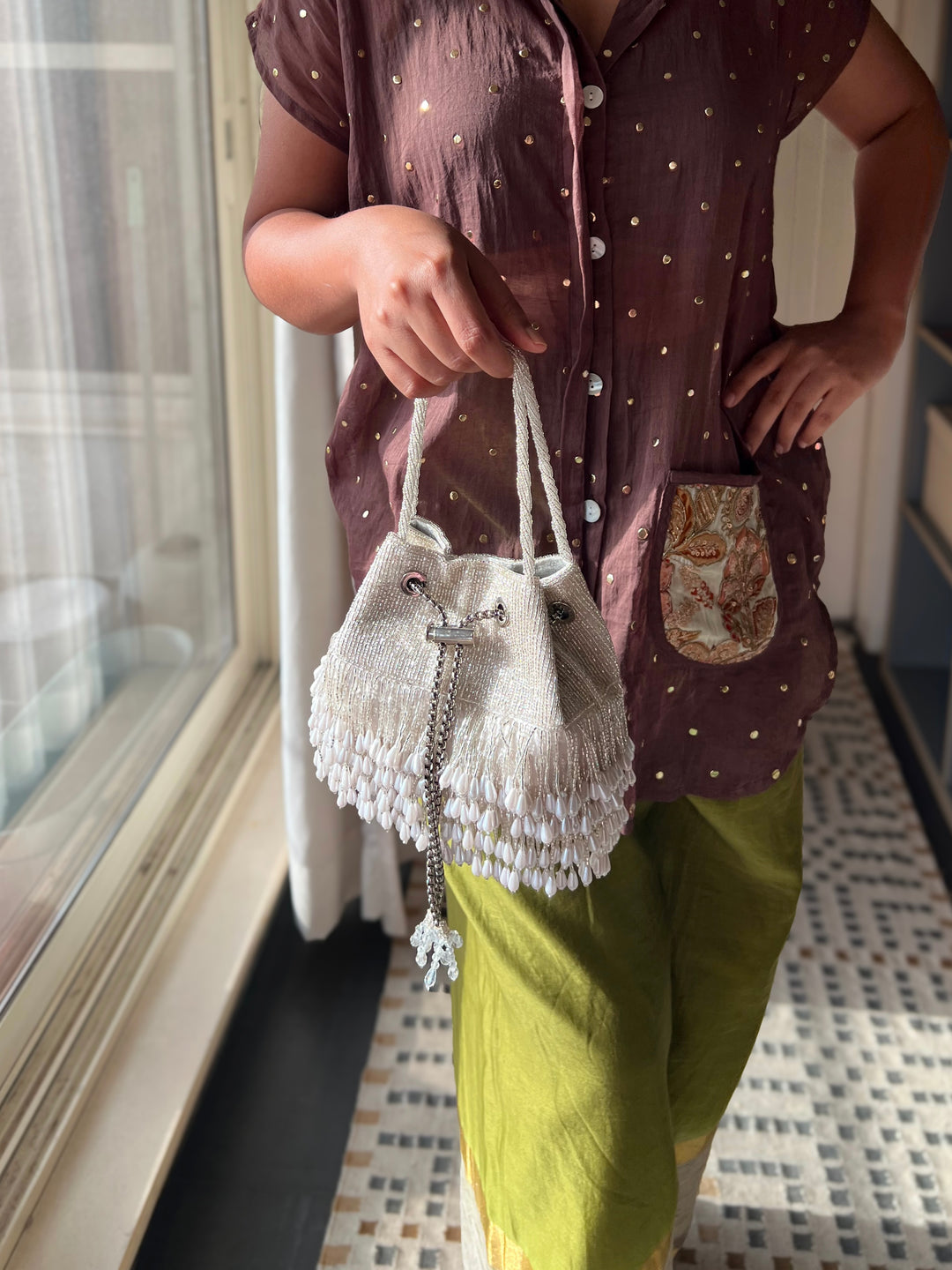 The Pearl Drop Potli, Silver & Pearl Potli Purse