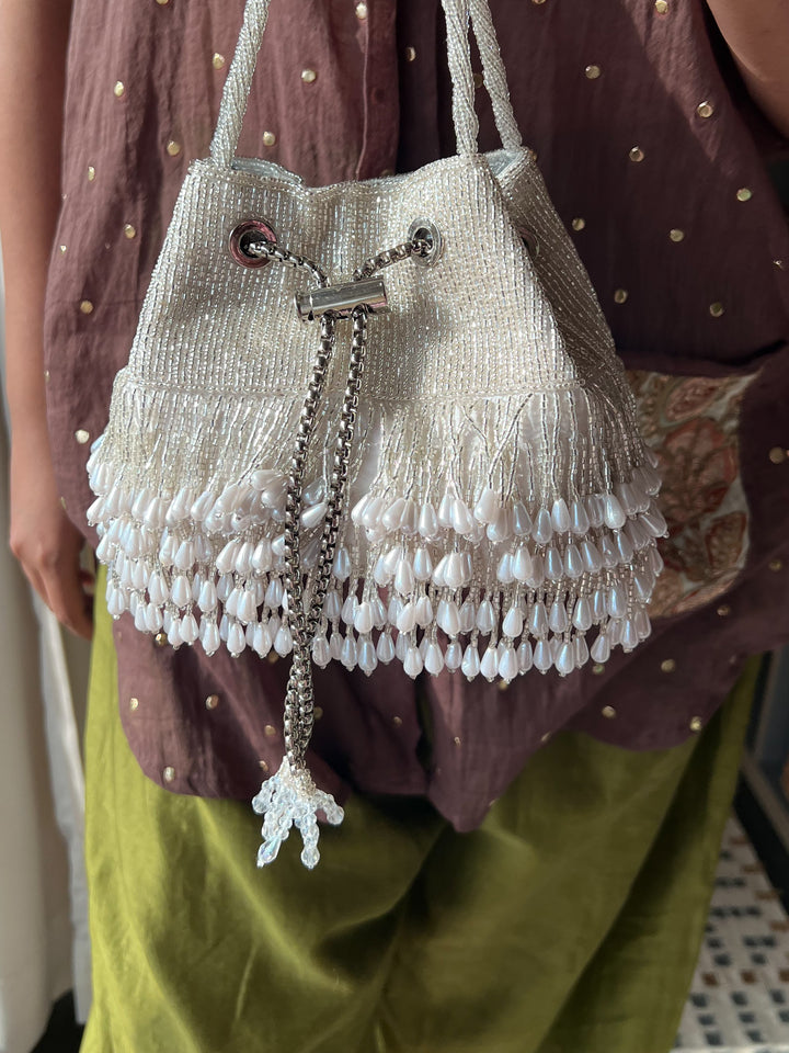 The Pearl Drop Potli, Silver & Pearl Potli Purse