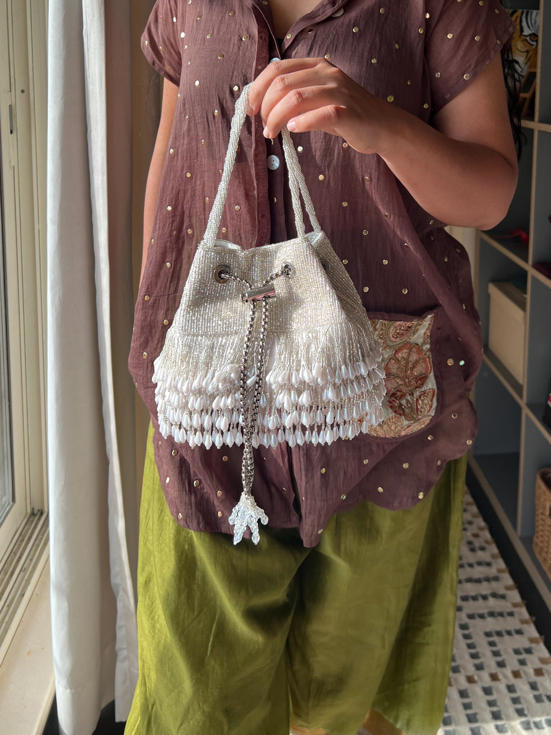 The Pearl Drop Potli, Silver & Pearl Potli Purse