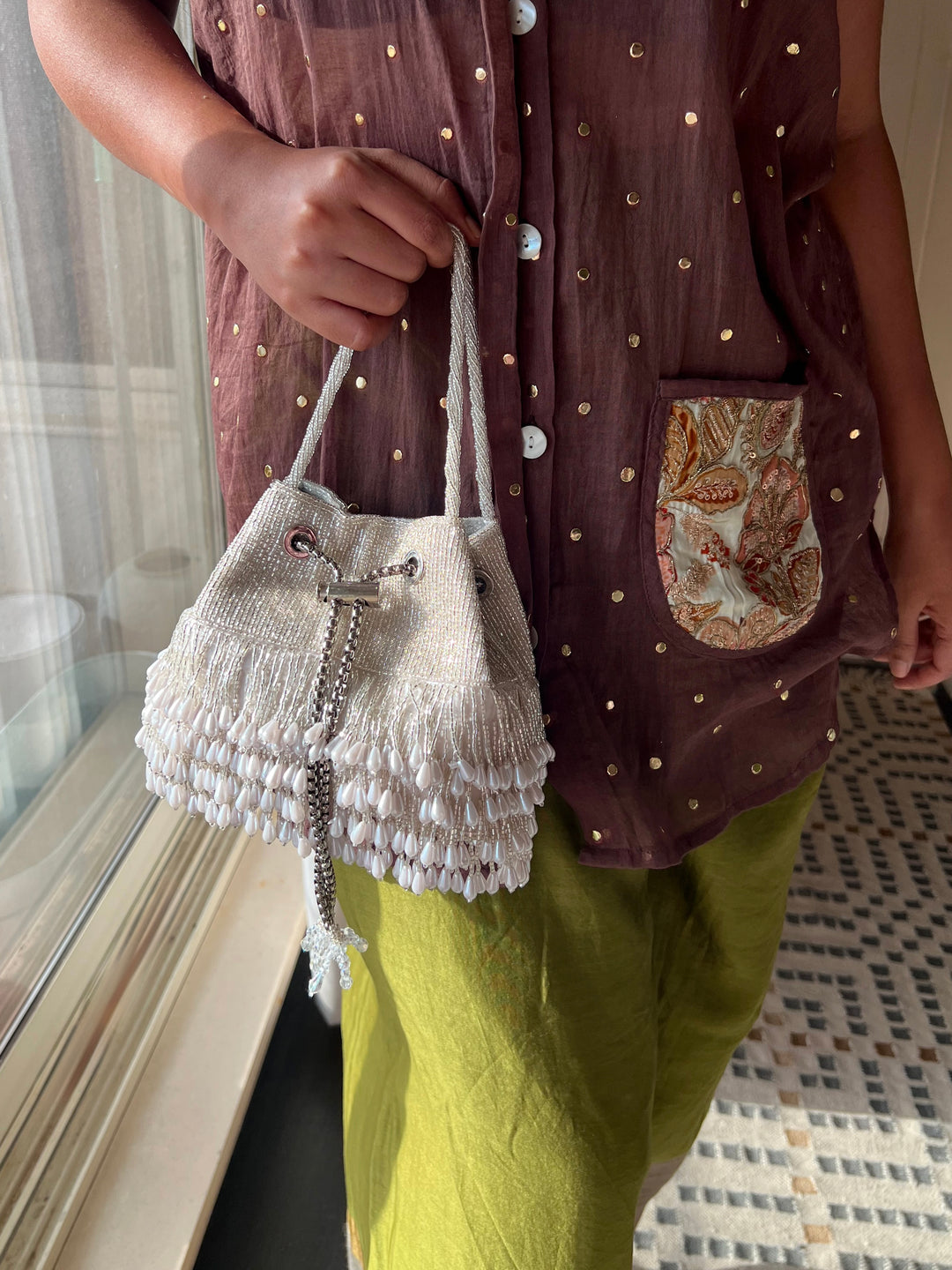 The Pearl Drop Potli, Silver & Pearl Potli Purse