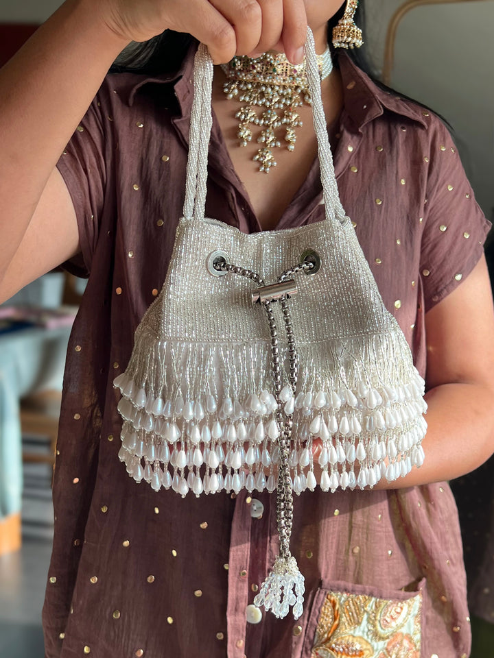 The Pearl Drop Potli, Silver & Pearl Potli Purse