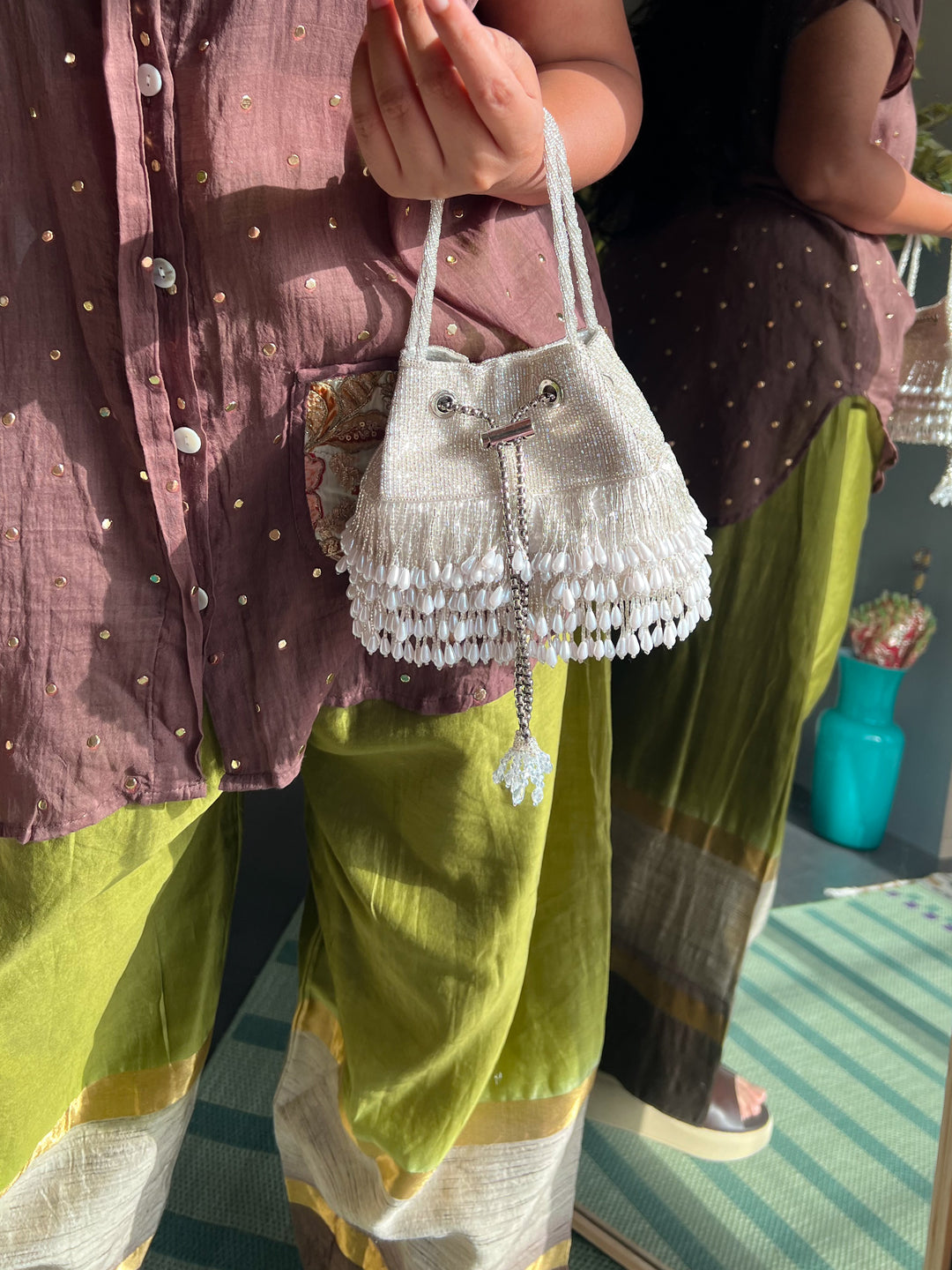 The Pearl Drop Potli, Silver & Pearl Potli Purse
