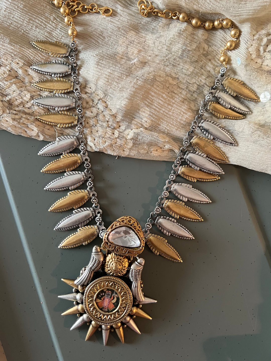 Hand painted Lord Srinathji 925 Silver Necklace with Twin Bird Design