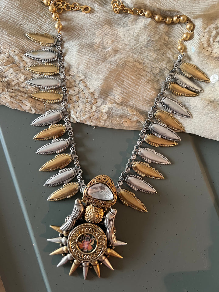 Hand painted Lord Srinathji 925 Silver Necklace with Twin Bird Design