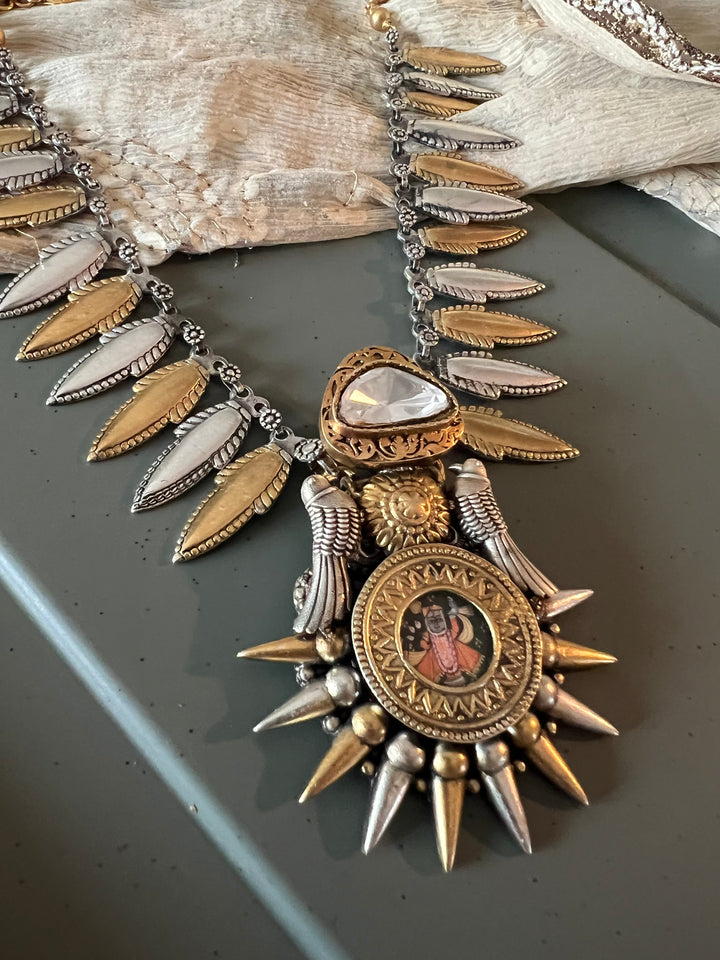 Hand painted Lord Srinathji 925 Silver Necklace with Twin Bird Design