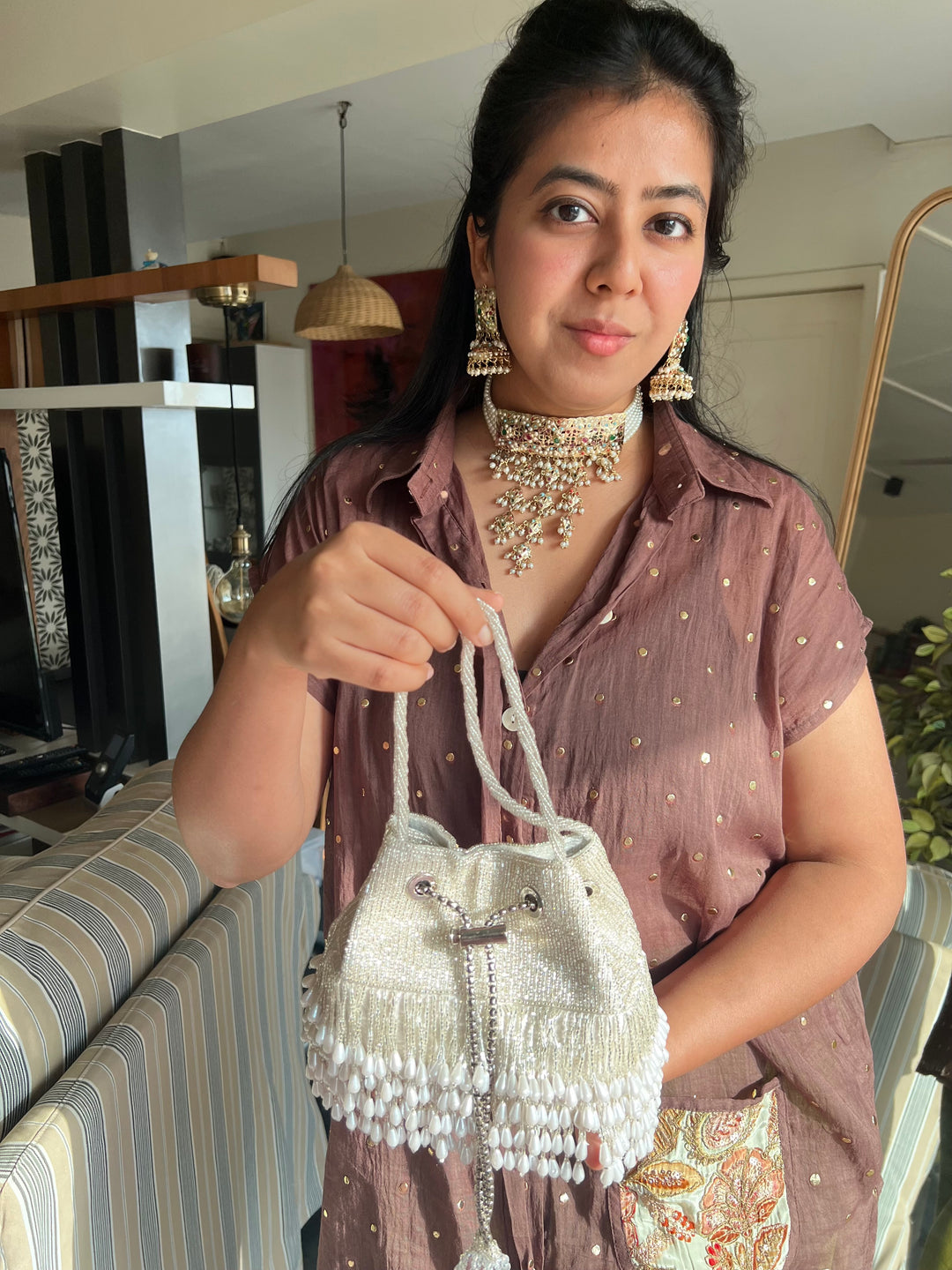 The Pearl Drop Potli, Silver & Pearl Potli Purse