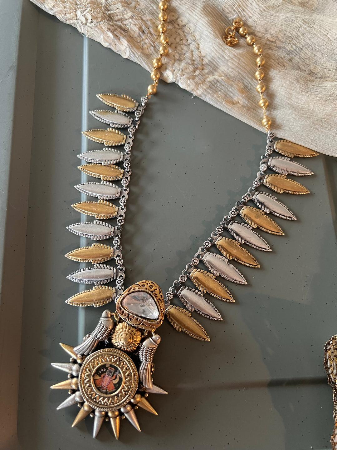 Hand painted Lord Srinathji 925 Silver Necklace with Twin Bird Design