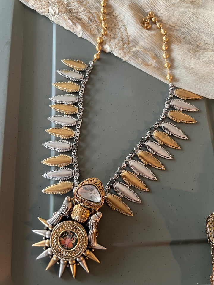 Hand painted Lord Srinathji 925 Silver Necklace with Twin Bird Design